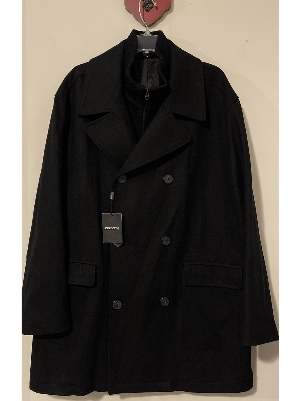 Claiborne Mens XL Black Layered Long Button-Up Pea Coat Thick Topcoat NWT! AZZ10